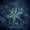 Real snowflakes glowing on dark textured background