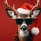 A real surprised deer cool with black sunglasses santa hat on solid red background. ai generative