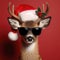 A real surprised deer cool with black sunglasses santa hat on solid red background. ai generative