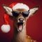A real surprised with open mouth deer with black sunglasses and santa hat on solid red background. ai generative