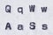 Real typewriter font alphabet with letters Q, W, A, S