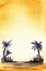 The real watercolor background. Yellow sand and yellow sky. Dark silhouette of a palms tree. Allegoric desert, and oasis. Sandy