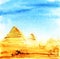 Real Watercolor sketch of Egyptian Pyramids on a blue sky. Hand