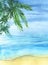 Real watercolor sketchy coastline with palm trees. Hand drawn landscape background.