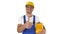 A real worker giving a thumbs up holding canister and smiling to camera on white background.