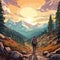Realist Landscape Illustration: Man Walking Path In Mountains