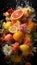 Realist still life of different fruits, as orange grapefruit, apple and strawberries, in water. Illustration AI