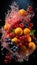 Realist still life of different fruits, as oranges, red grapes and red berries, booming in water