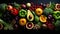 Realist still life of fruits and vegetables from above, avocado, orange, grapefruit, bell pepper, broccoli, apple, raspberry