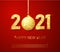 Realistic 2021 golden numbers and festive try toy on red background. Vector holiday illustration. Happy New 2021 Year