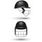Realistic 3d black cricket helmet mockup isolated on white background front and side two views, vector object sport equipment head