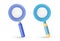 Realistic 3d blue and purple glossy search icon, loupe search. Decorative magnifier finding 3d element, research icon, magnifying