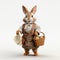 Realistic 3d Bunny Rabbit Holding Basket Of Eggs In Elegant Clothing