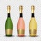 Realistic 3D champagne Golden  Pink and Green Bottle Collection Set Icon isolated on transparent background. Vector Illustration