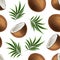 Realistic 3d Detailed Coconut, Half and Green Leaf. Seamless Pattern Background Vector