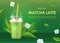 Realistic 3d Detailed Instant Matcha Latte Ad Concept Card Background. Vector