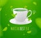 Realistic 3d Detailed Matcha Cup with Elements Vibrant Green Tea Leaves Concept Banner Card Background. Vector