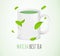Realistic 3d Detailed Matcha Mug with Elements Vibrant Green Tea Leaves Concept Banner Card Background. Vector