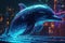 Realistic 3D Dolphin in a Cyberpunk Metropolis with Rococo-Inspired Neon Lights and Cinematic Lighting Effects