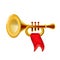 Realistic 3d Fanfare gold trumpet, icon with red flag isolated glossy wind musical instrument sign, decoration for holiday on