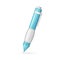 Realistic 3d glossy blue pen, mechanical ballpoint pen. Cartoon 3d stationery attribute, education concept, drawing symbol,