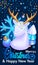 Realistic 3D Isometric greeting cards. Festive design, 3d render blue snowflake. Deer figure with golden horns decorated