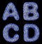 Realistic 3D letters set A, B, C, D made of blue plastic.