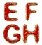 Realistic 3D letters set E, F, G, H made of gold shining metal letters.