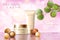 Realistic 3d macadamia nut oil cosmetic ad template. Light pink shiny serum cream mockup beauty skin care. Promotional