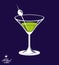 Realistic 3d martini glass with olive berry placed over dark background, beverage theme illustration. Stylized artistic lounge ob