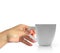 Realistic 3D model of cup white color. Vector IMan`s naturalistic hand holds a Realistic 3D model of cup white color