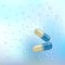 Realistic 3d pills in the water with the bubbles. Pharmacy, antibiotic, vitamins, tablet, capsule. Medicine. Vector