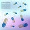 Realistic 3d pills in the water with the bubbles. Pharmacy, antibiotic, vitamins, tablet, capsule. Medicine. Vector