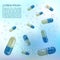 Realistic 3d pills in the water with the bubbles. Pharmacy, antibiotic, vitamins, tablet, capsule. Medicine. Vector