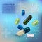 Realistic 3d pills in the water with the bubbles. Pharmacy, antibiotic, vitamins, tablet, capsule. Medicine. Vector
