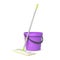 Realistic 3d rag mop and plastic bucket, floor cleaning equipment. Sponge broom and pail. House cleanup tools and wet