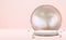 Realistic 3d rearl pedestal with golden glass ring frame over pink pastel natural background. Trendy empty podium display for