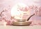 Realistic 3D render blank empty pastel pink podium with cherry blossom flower bouquet and blowing white curtain. Beauty products