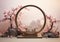 Realistic 3D render blank empty pastel pink podium with cherry blossom flower bouquet and blowing white curtain. Beauty products