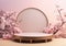 Realistic 3D render blank empty pastel pink podium with cherry blossom flower bouquet and blowing white curtain. Beauty products