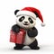 Realistic 3d Rendering Of Panda Bear In Santa Hat With Gift Box