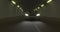 realistic 3D rendering of sport car driving fast high speed on road tunnel with headlights on and foggy atmosphere