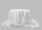 Realistic 3d round white product podium display covered fabric drapery folds isolated on transparent background. Vector