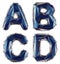 Realistic 3D set of letters A, B, C, D made of low poly style. Collection symbols of low poly style blue color glass