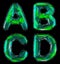 Realistic 3D set of letters A, B, C, D made of low poly style. Collection symbols of low poly style green color glass