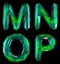 Realistic 3D set of letters M, N, O, P made of low poly style. Collection symbols of low poly style green color glass