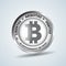 Realistic 3d silver bitcoin coin vector illustration for fintech net banking and blockchain concept. Silver bitcoin money.