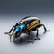 Realistic 3d Water Beetle Bug With Horns In Dark Bronze And Light Azure