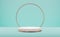 Realistic 3d white pedestal with gold glass ring frame over blue pastel natural background. Trendy empty podium display for