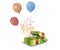 Realistic air flying colorful balloons with reflects, gift box and confetti on white background. Festive decor element for Birthda